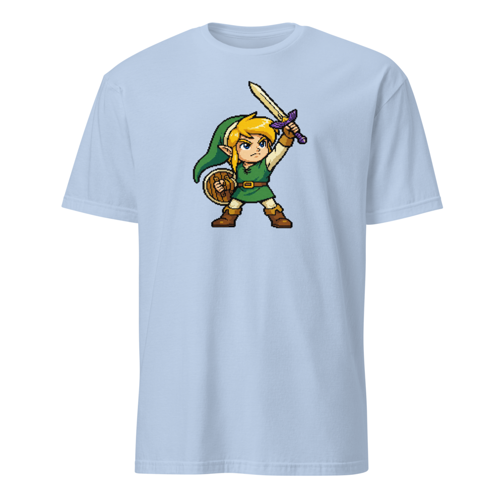 16-Bit Pixel Hero Sword Raise Retro Gamer Tee — light blue front view