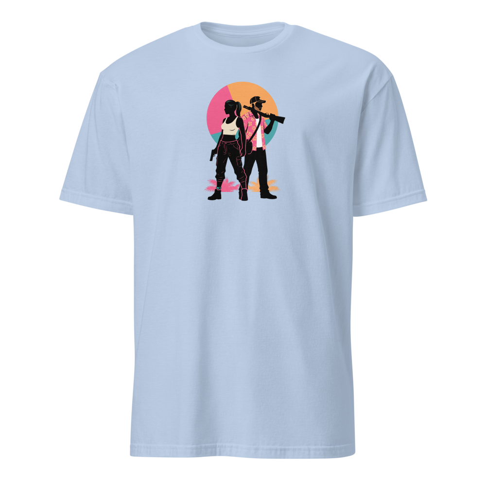 Outlaw Couple Neon Sunset Crime Duo Graphic Tee — light blue front view