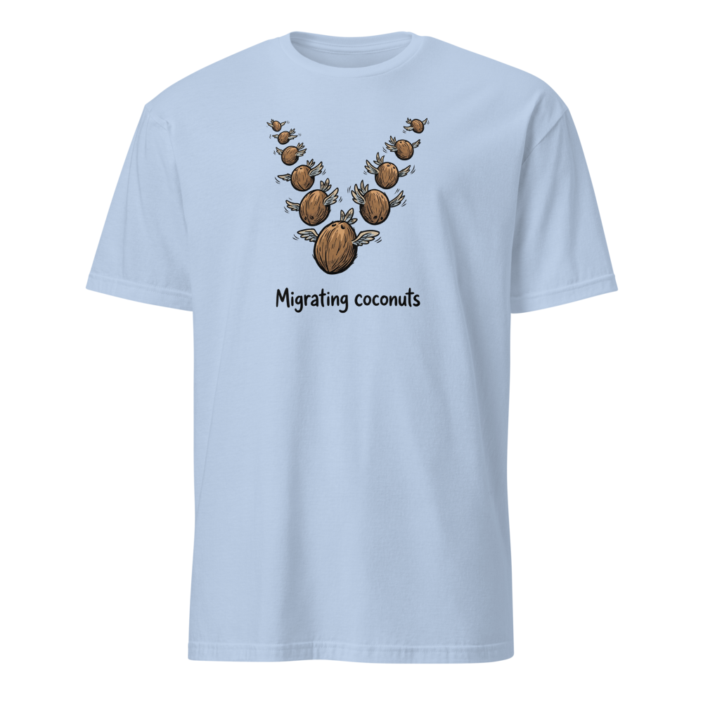 Migrating Coconuts V Formation Absurd Comedy Tee â€” Light Blue front view