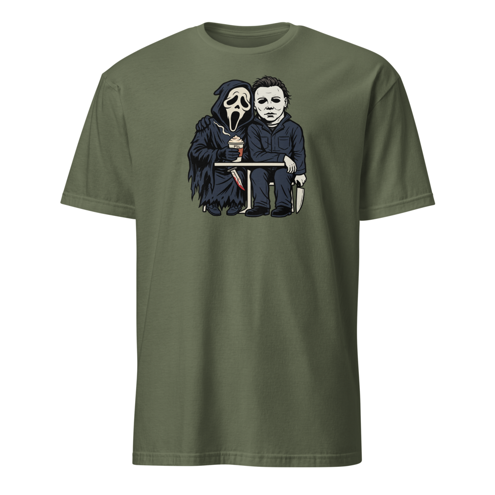 Masked Slashers Pumpkin Spice Latte Horror Tee — Men's Basic Tee — military green front view