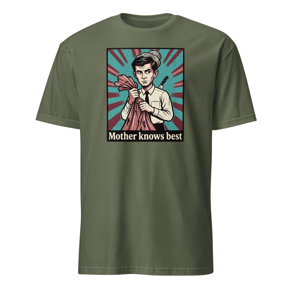 Mother Knows Best Motel Keeper Propaganda Tee — military green front view