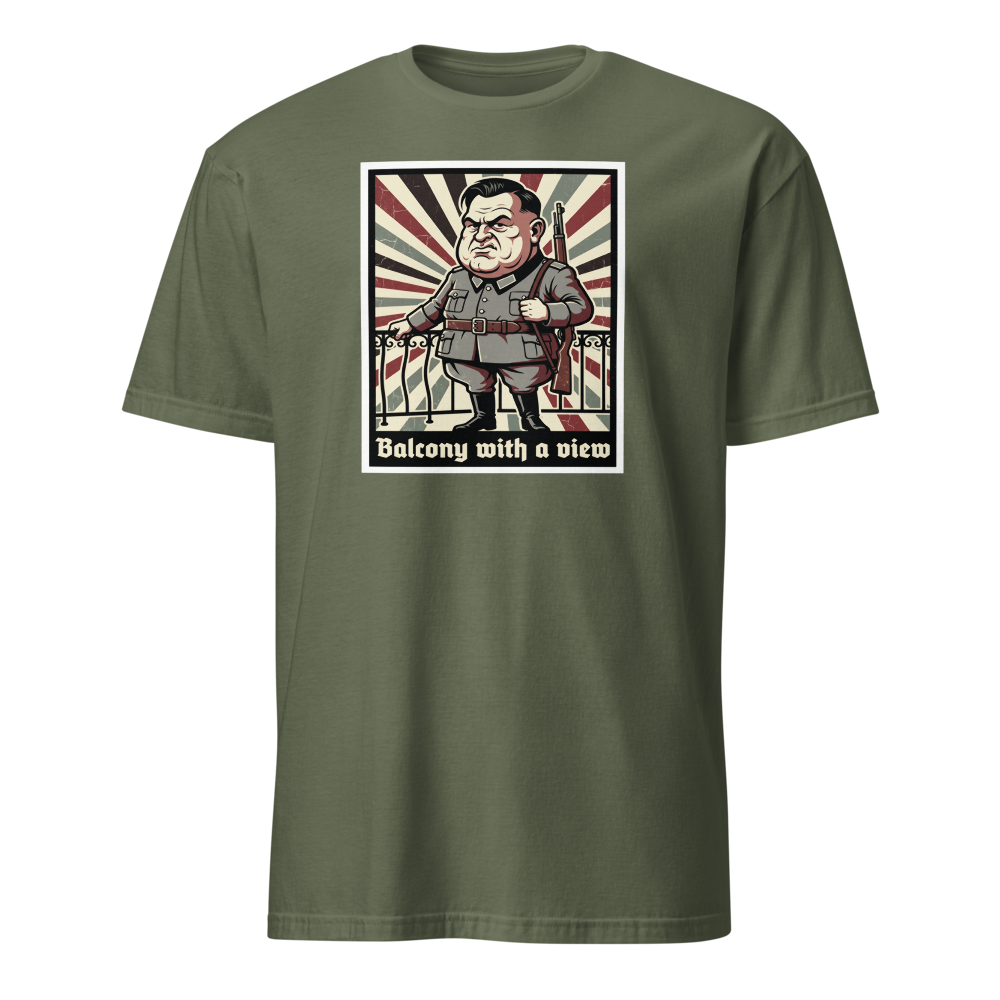Balcony With A View Propaganda Villain Parody Tee — Men's Basic Tee — military green front view
