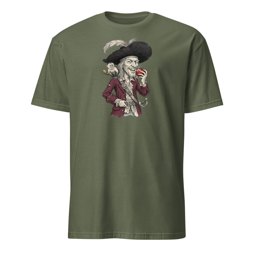Rogue Pirate Captain Sketch Caricature Tee — military green front view
