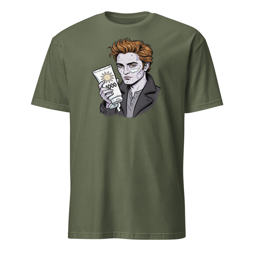 Sparkling Vampire SPF 1000 Sunscreen Parody Tee — military green front view