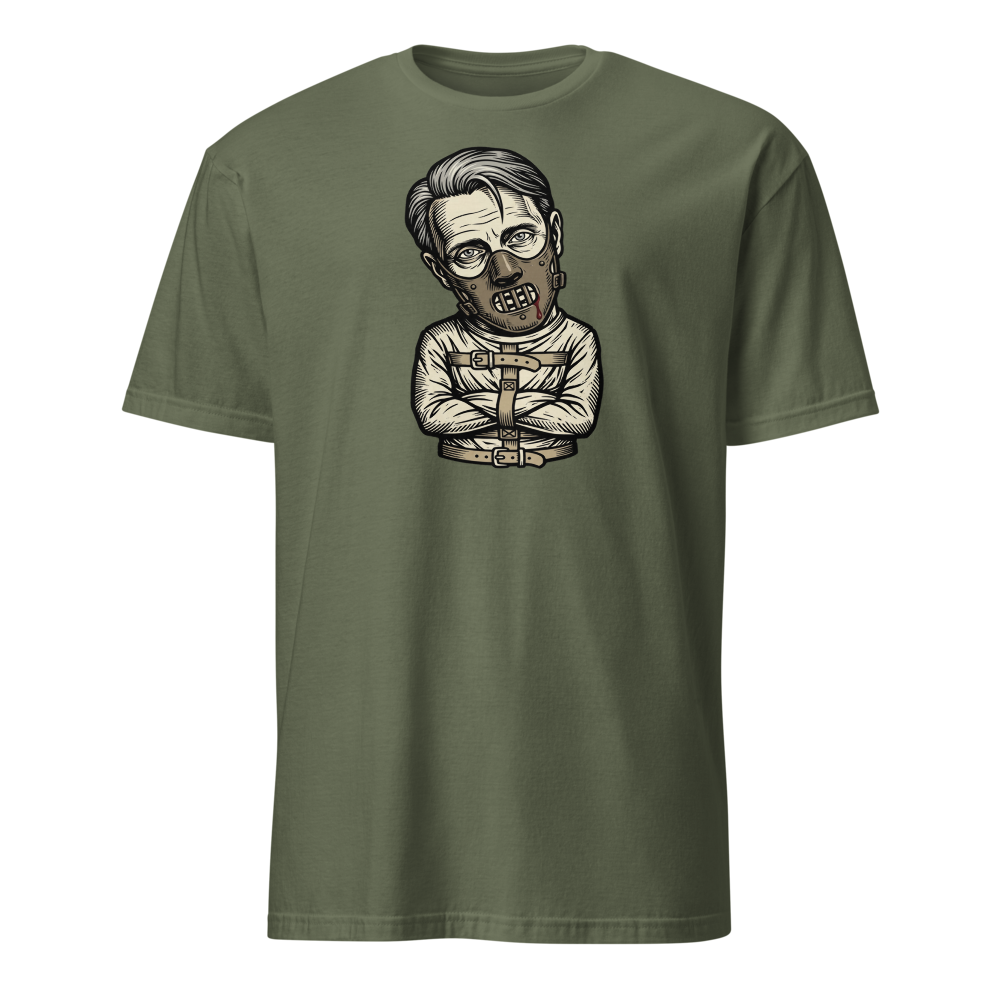 Polite Cannibal Muzzle Mask Linocut Horror Tee — military green front view