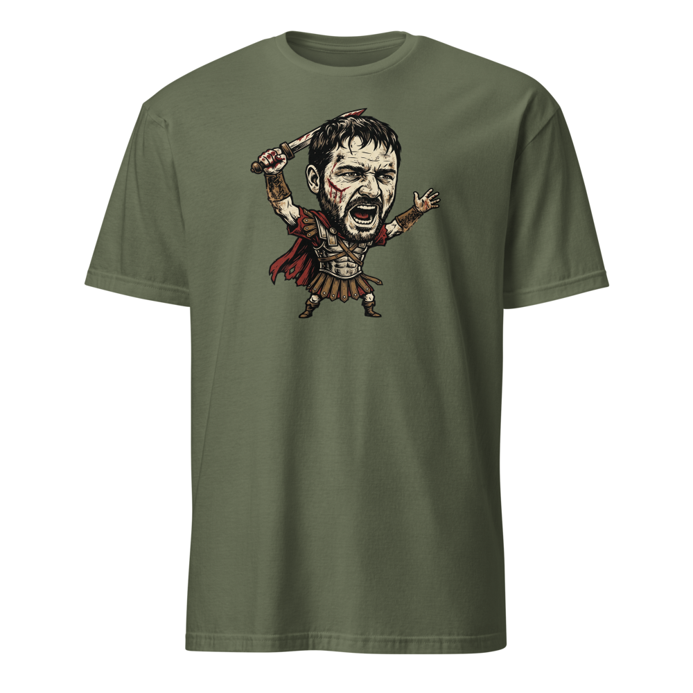 Arena Champion Woodcut Roman Warrior Roar Tee — military green front view