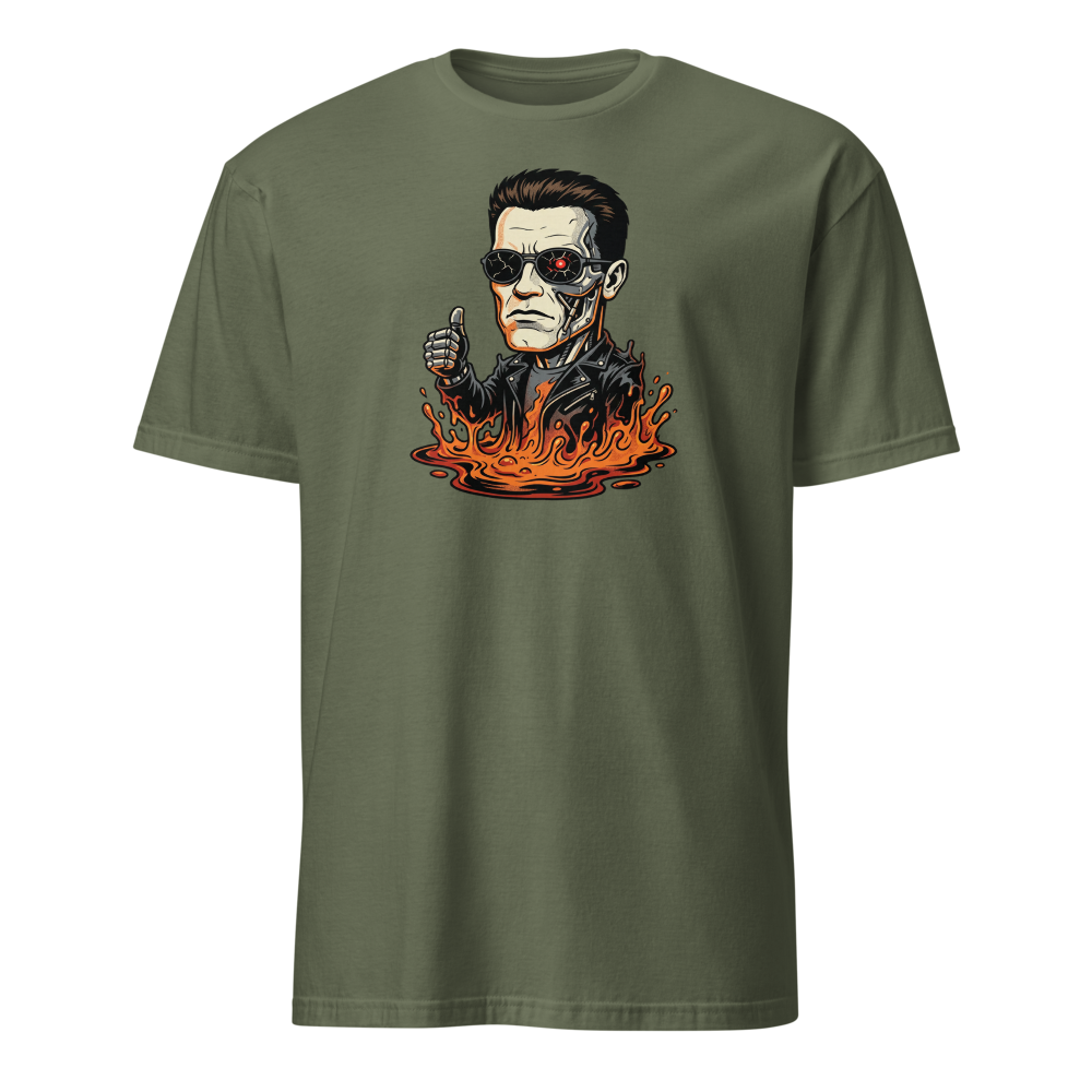 Molten Steel Thumbs Up Cyborg Comic Ink Tee — military green front view