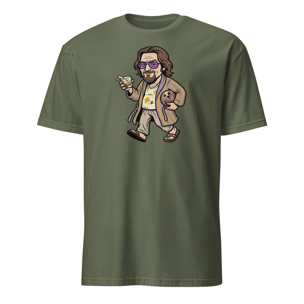 Slacker Bowling Bathrobe White Russian Pop Art Tee — military green front view