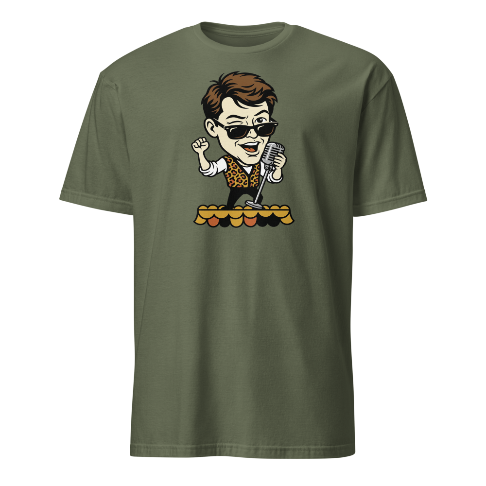 Parade Float Crooner Leopard Vest Retro 80s Tee — military green front view