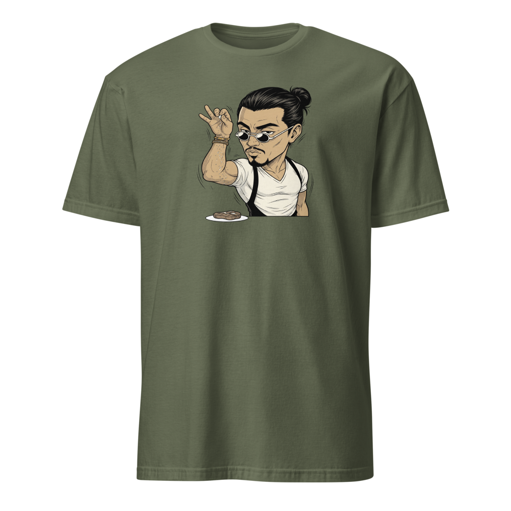 Smug Chef Salt Sprinkle Manga Line Art Meme Tee — military green front view