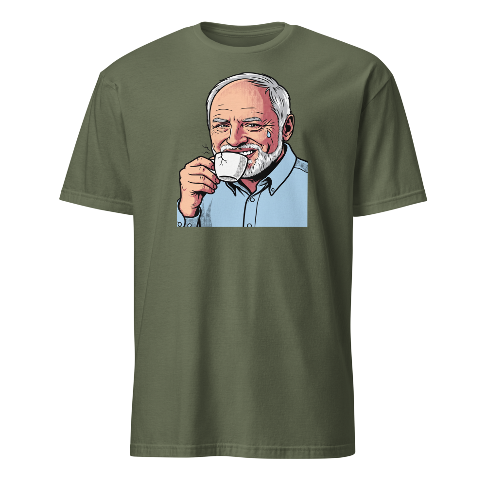 Fake Smile Coffee Guy Halftone Pop Art Meme Tee — military green front view