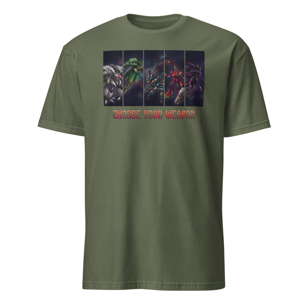 Choose Your Weapon Retro RPG Boss Roster Tee — military green front view