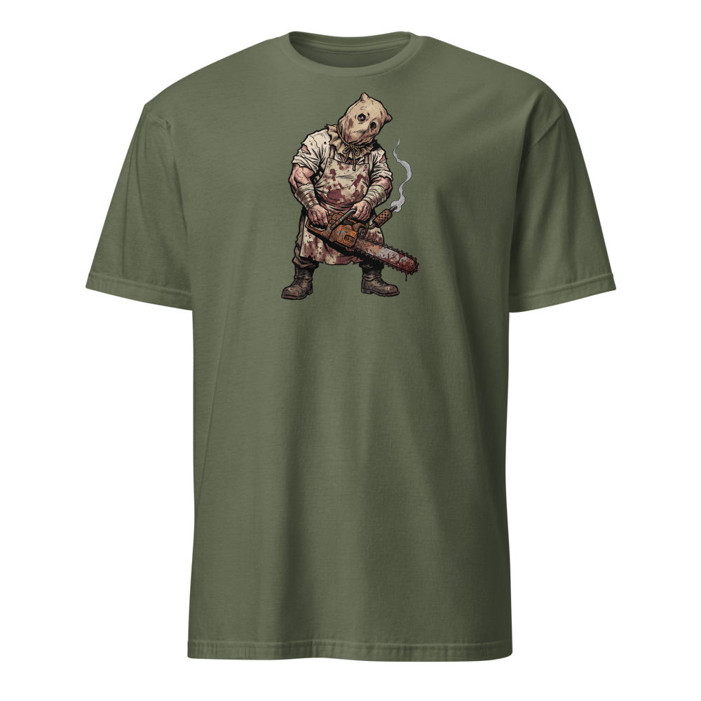 Sack Mask Chainsaw Executioner Horror Tee — military green front view