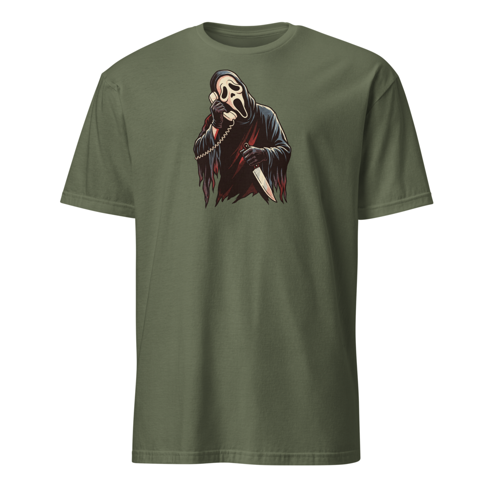 Masked Phone Caller On Hold Halftone Horror Tee — military green front view