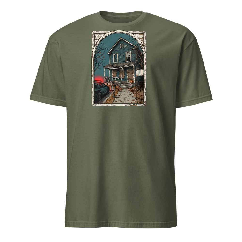 Haunted House Halloween Night Screen Print Horror Tee — Classic Tee — military green front view