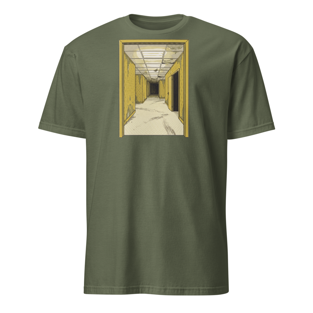 Yellow Liminal Hallway Endless Corridor Riso Tee — Classic Tee — military green front view
