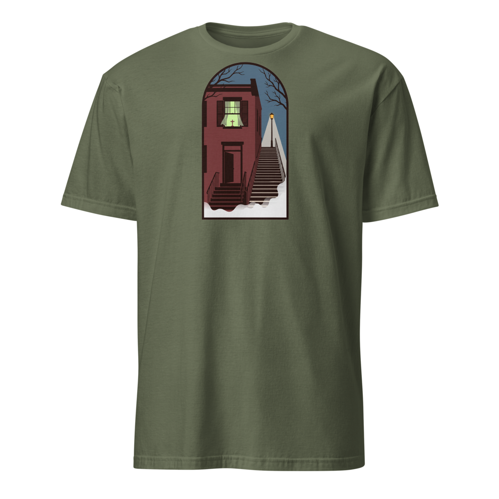 Haunted Row House Stone Stairs Horror Night Tee — Classic Tee — military green front view