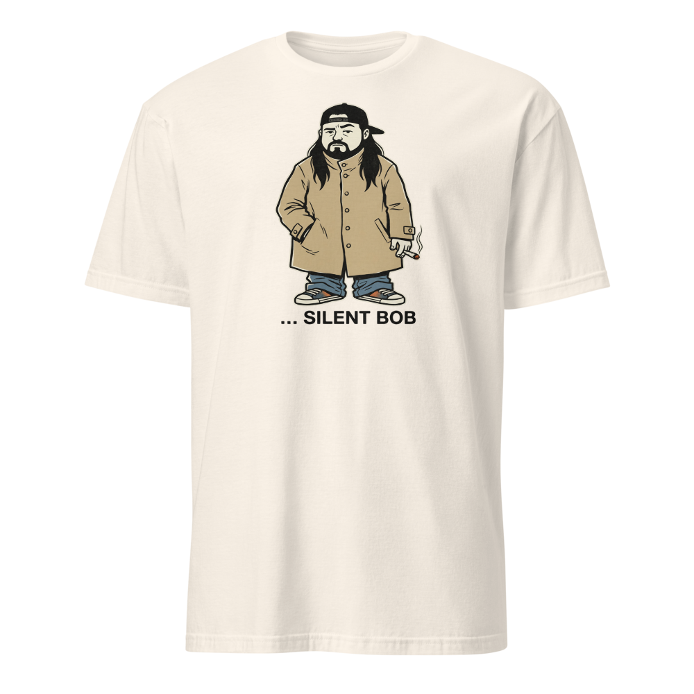 Silent Stoner Sidekick Trench Coat Punk Caricature Tee — Men's Basic Tee — natural front view