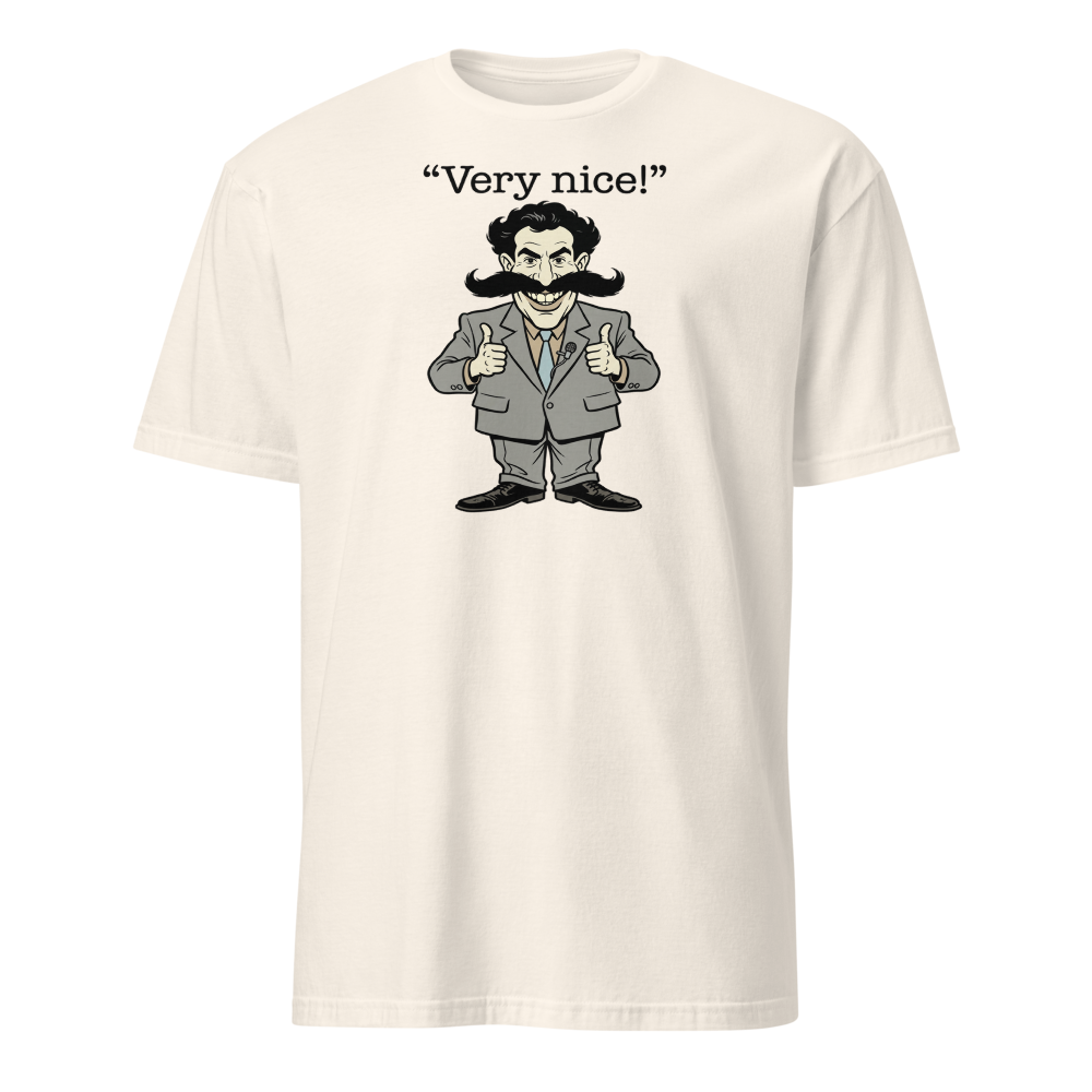 Very Nice Mustache Reporter Thumbs Up Comedy Tee — Men's Basic Tee — natural front view