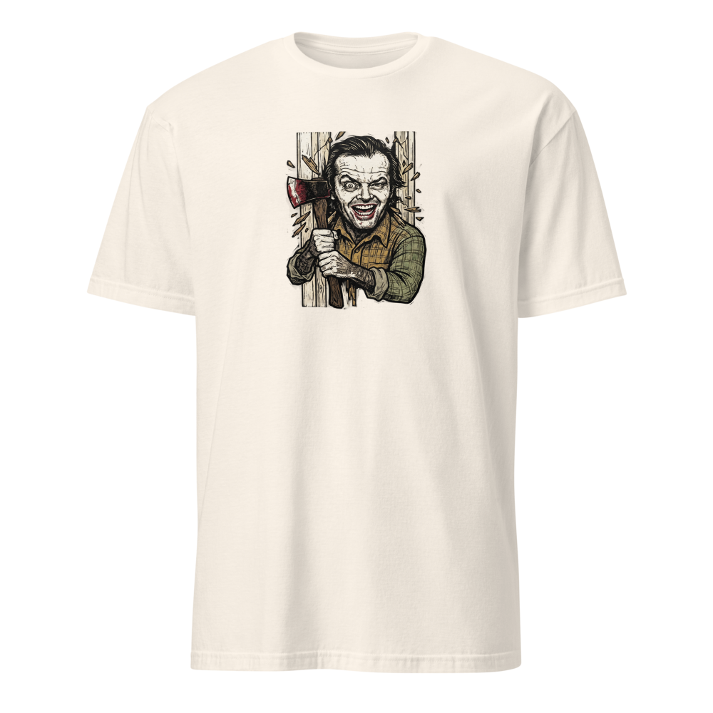 Axe Maniac Door Breach Blackwork Horror Tee — natural front view
