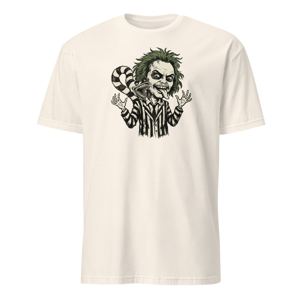 Bio-Exorcist Ghoul Pinstripe Punk Horror Comedy Tee — natural front view