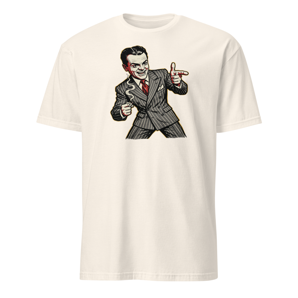 Pinstripe Gangster Finger-Gun Punk Caricature Tee — natural front view