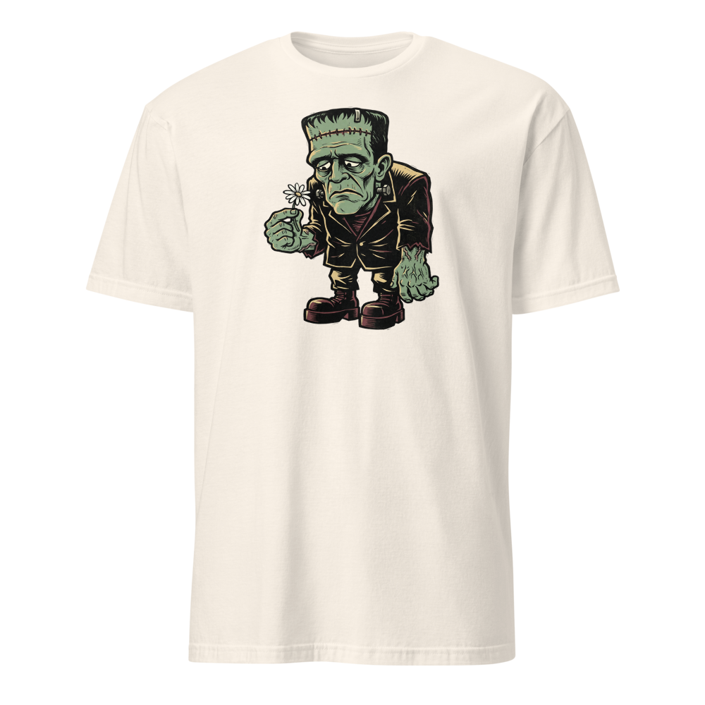 Confused Stitched Monster Holding Daisy Woodcut Tee — natural front view