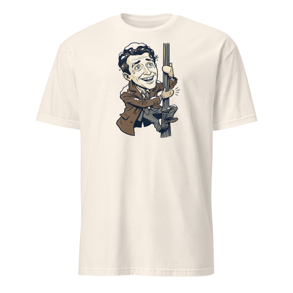 Snowy Lamppost Hug Christmas Movie Caricature T-Shirt — natural front view