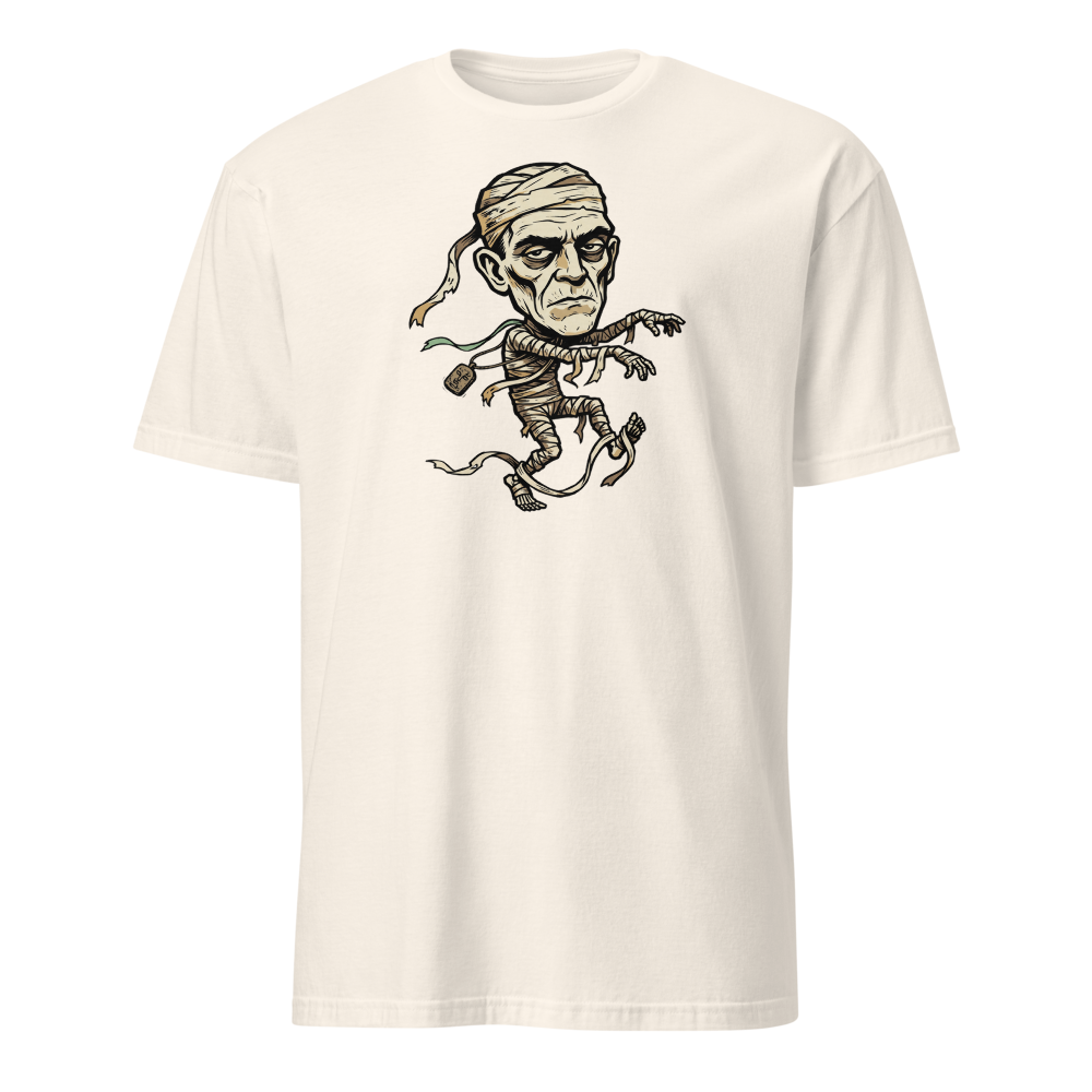 Tripping Mummy Woodcut Vintage Horror Tee — natural front view