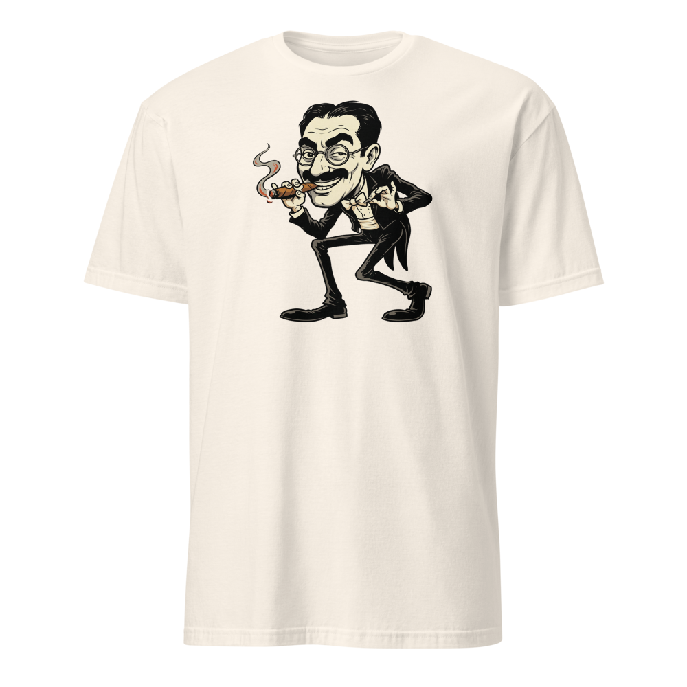 Sneaky Vaudeville Comedian Cigar Caricature Tee — natural front view