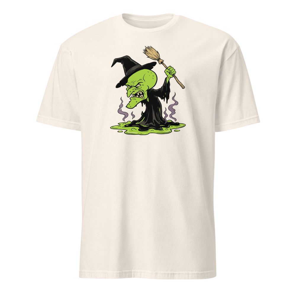 Melting Green Witch Editorial Cartoon Parody Tee — natural front view