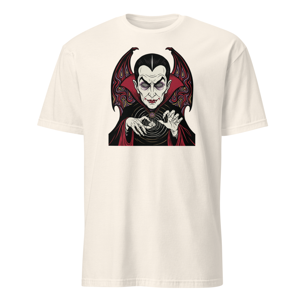 Caped Count Hypnotizes Garlic Psychedelic Horror Tee — natural front view