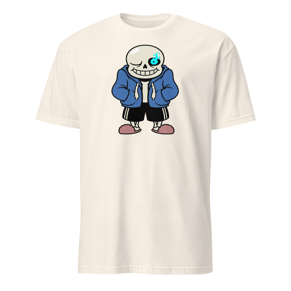 Lazy Skeleton Blue Hoodie Indie RPG Tee — natural front view