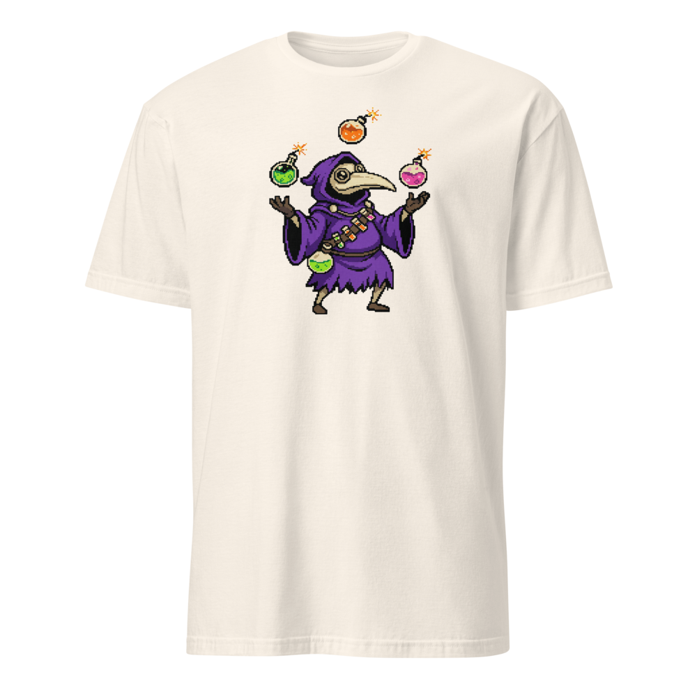 Hooded Pixel Alchemist Potion Juggler Retro Tee — natural front view