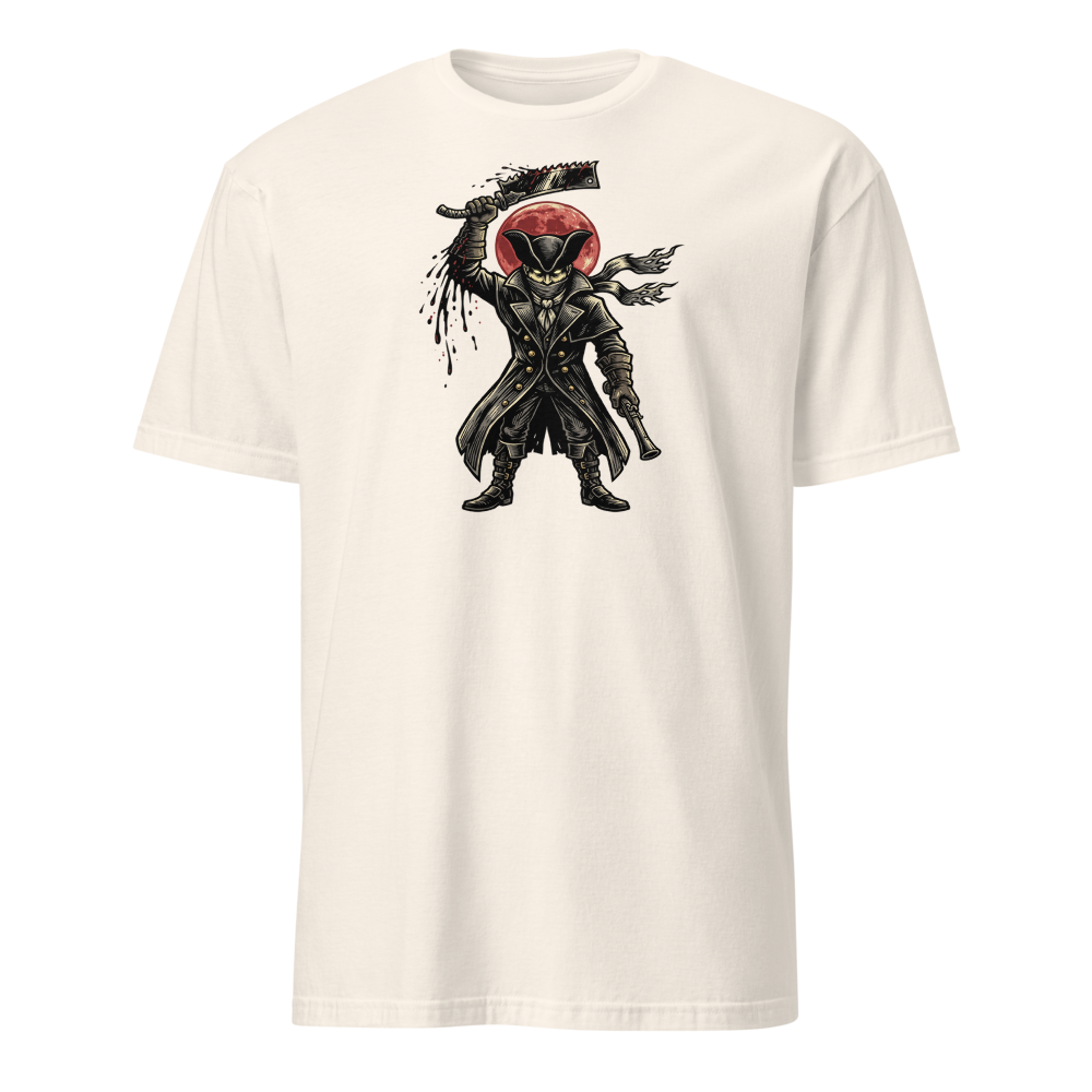 Gothic Hunter Blood Moon Linocut Horror Tee — natural front view
