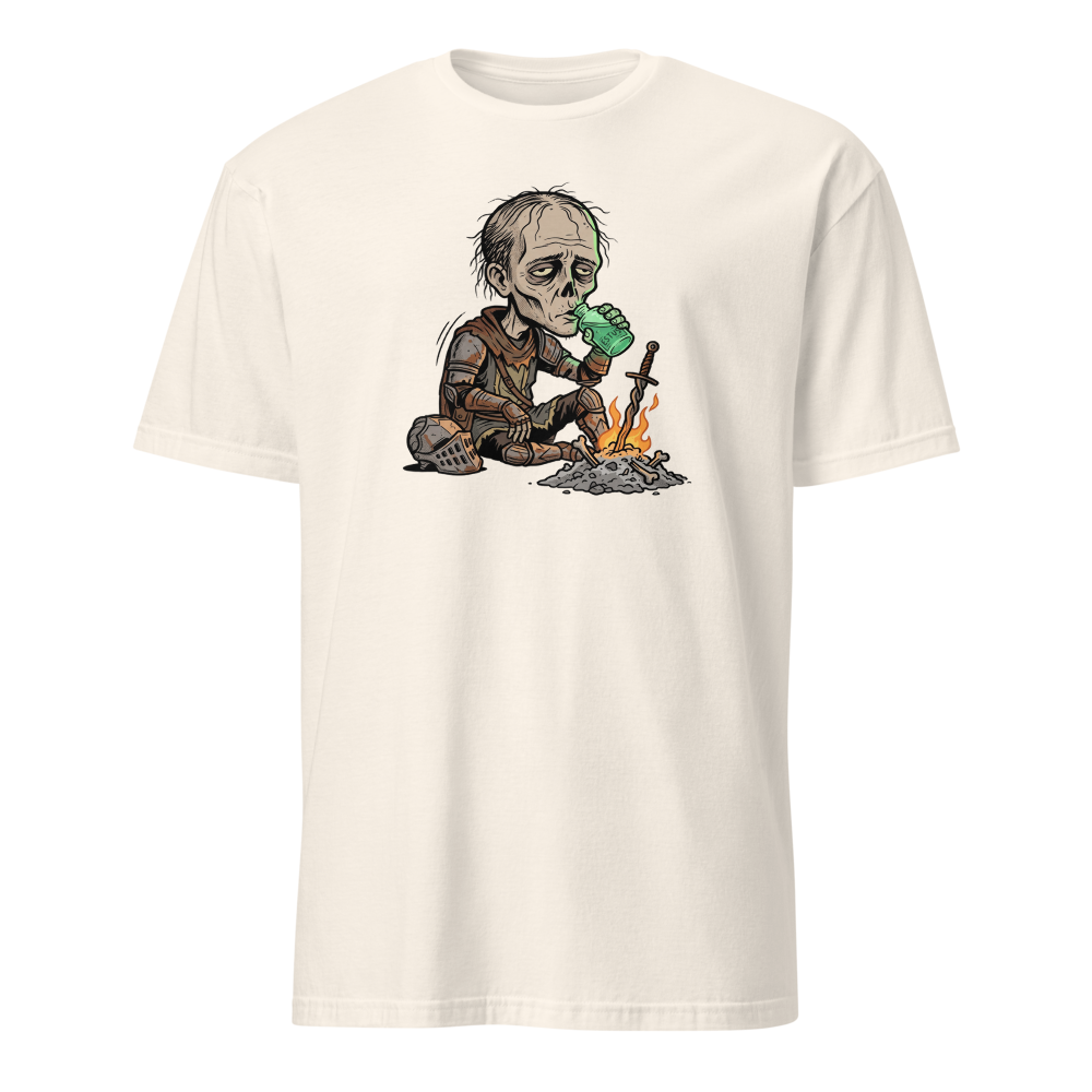 Hollow Knight Bonfire Estus Coffee Soulslike Parody Tee — natural front view