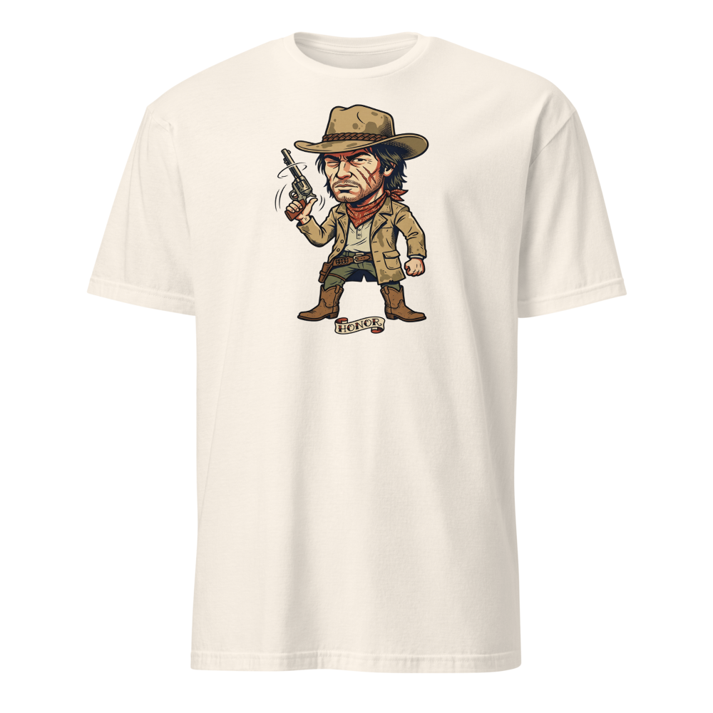Scarred Outlaw Revolver Spinner Tattoo Flash Tee — natural front view