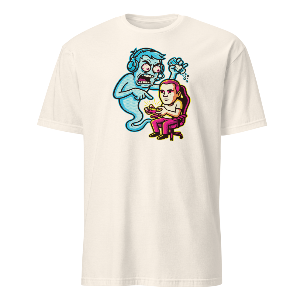 Salty Ghost Backseat Gamer Halftone Pop Art Tee — natural front view