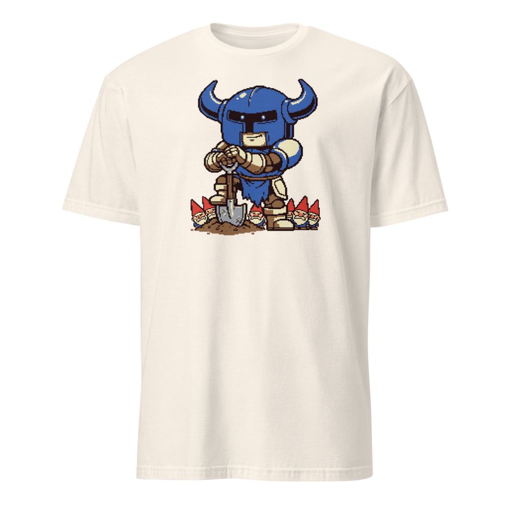 Pixel Knight Gnome Gardener Retro 16-Bit Gaming Tee — natural front view