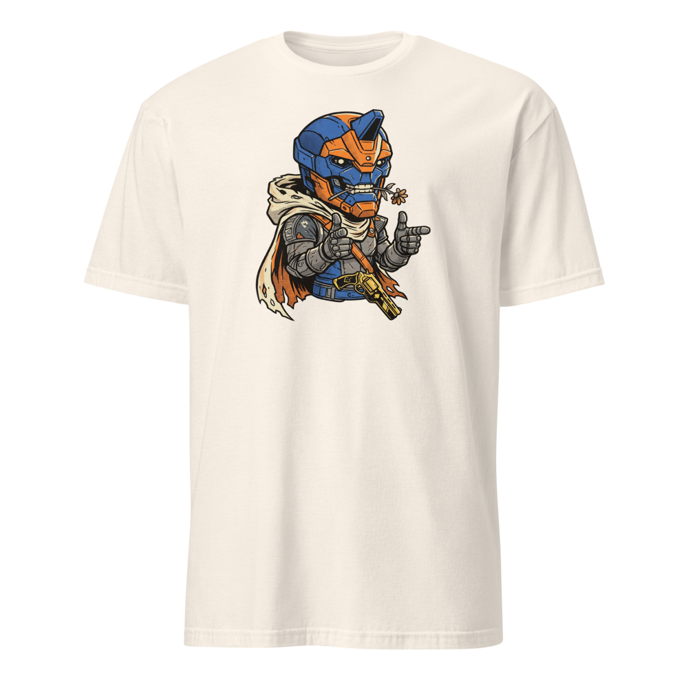 Wisecracking Exo Gunslinger Halftone Pop Art Tee — natural front view