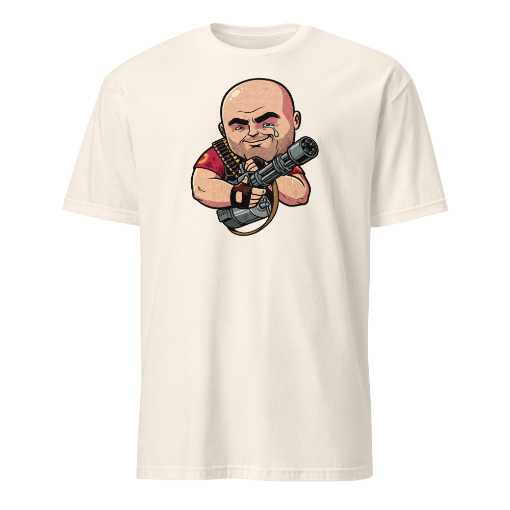 Big Russian Gunner Minigun Hug Pop Art Tee — natural front view