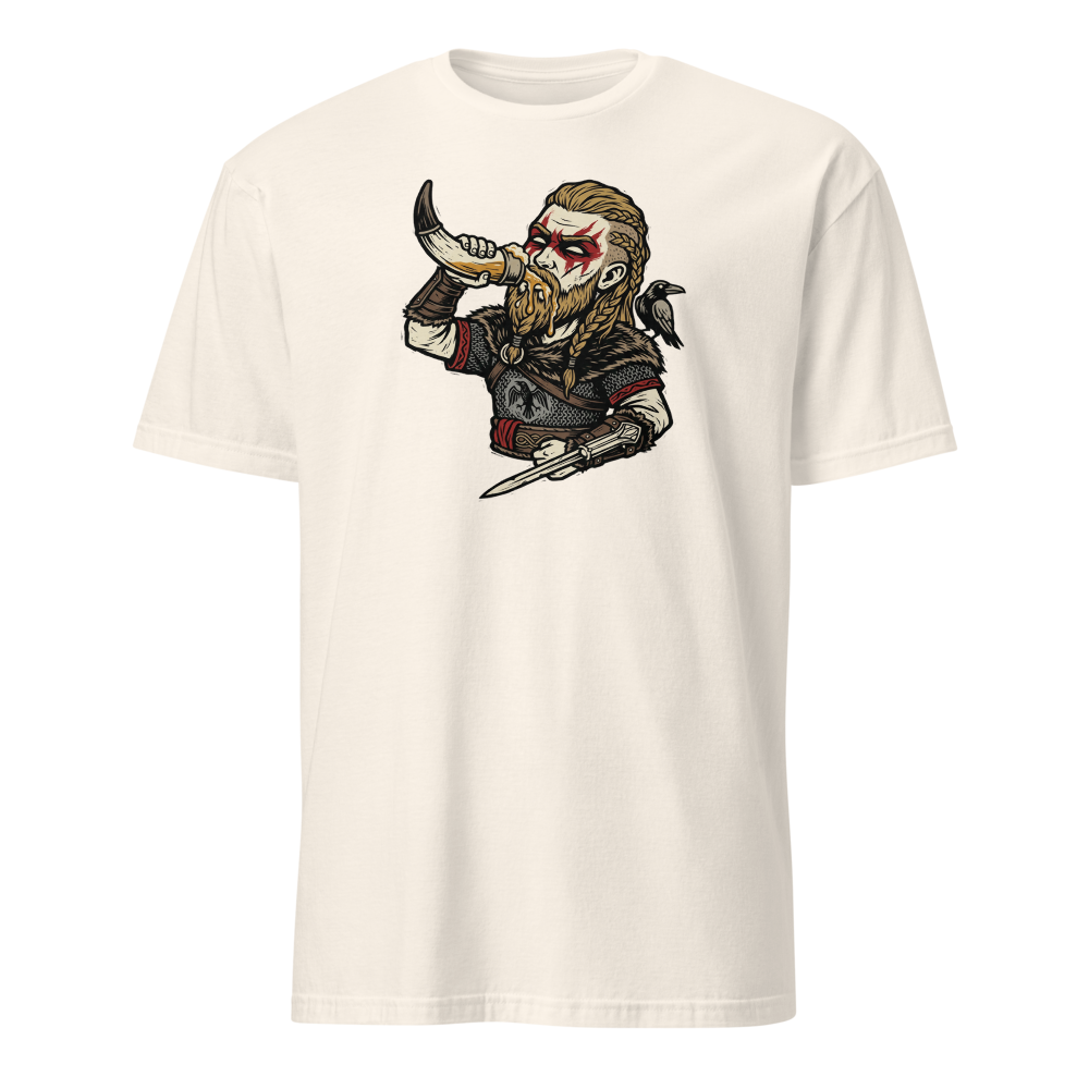 Viking Raider Mead Horn Hidden Blade Woodcut Tee — natural front view