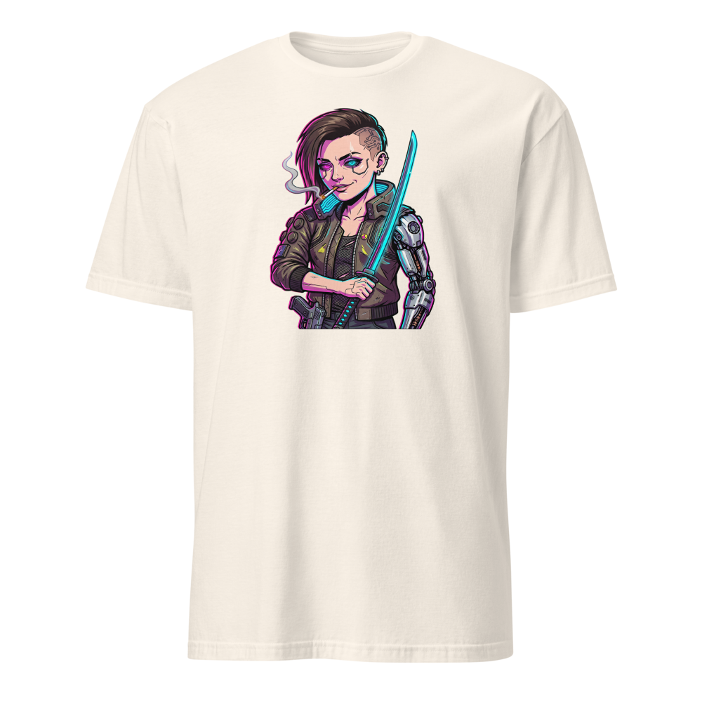 Neon Night City Chrome Merc Katana Tee — natural front view