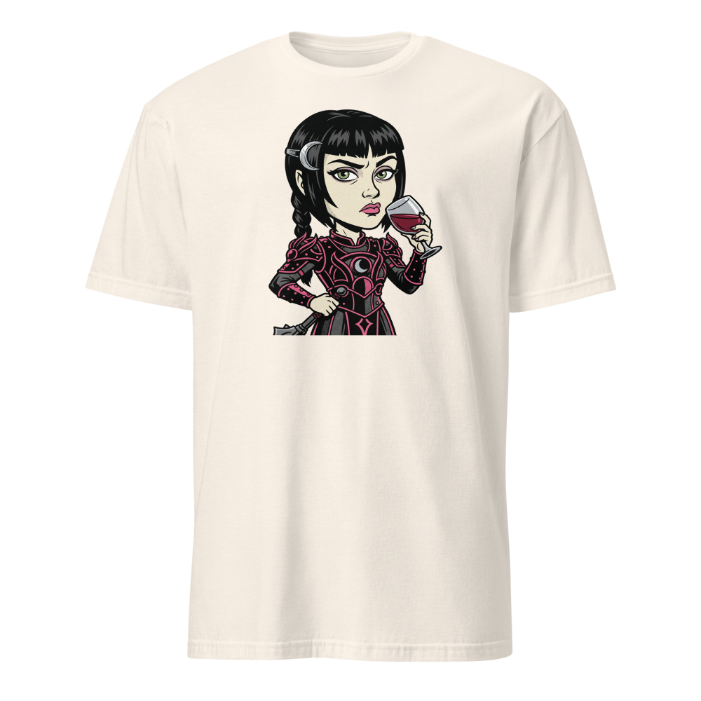 Moody Cleric Wine Judgment Comic Ink RPG Tee — natural front view