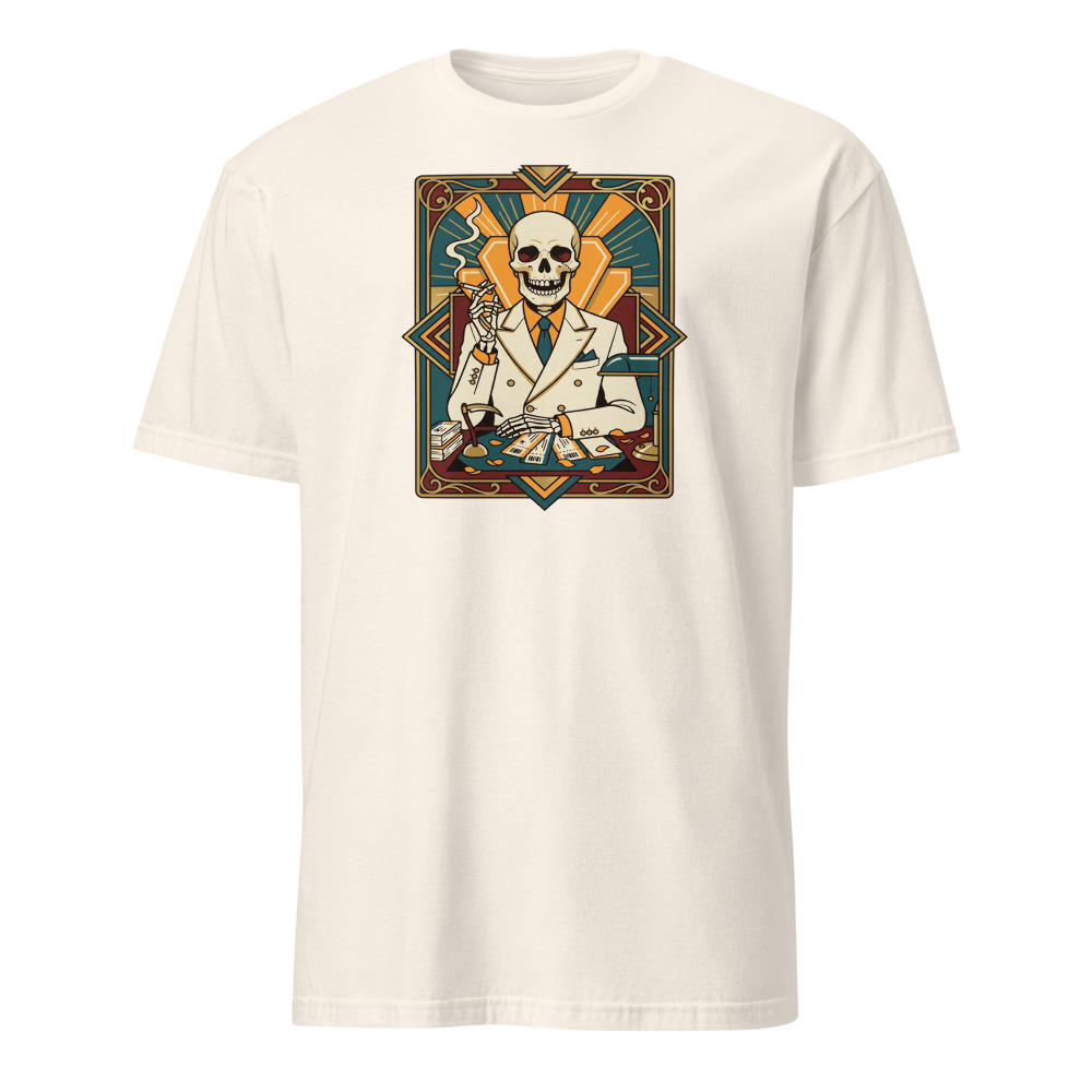 Skeleton Travel Agent Art Deco Noir Tee — natural front view