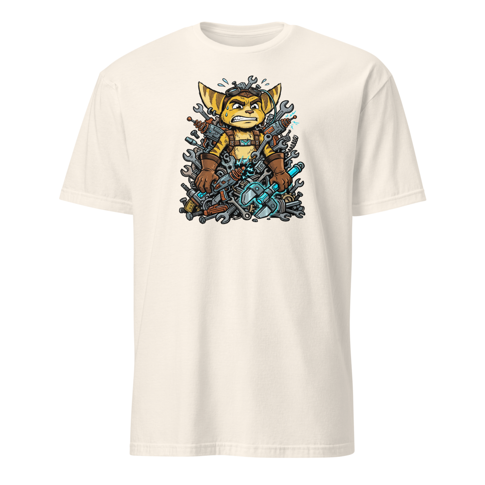 Overwhelmed Space Mechanic Wrench Pile Comic Tee — natural front view