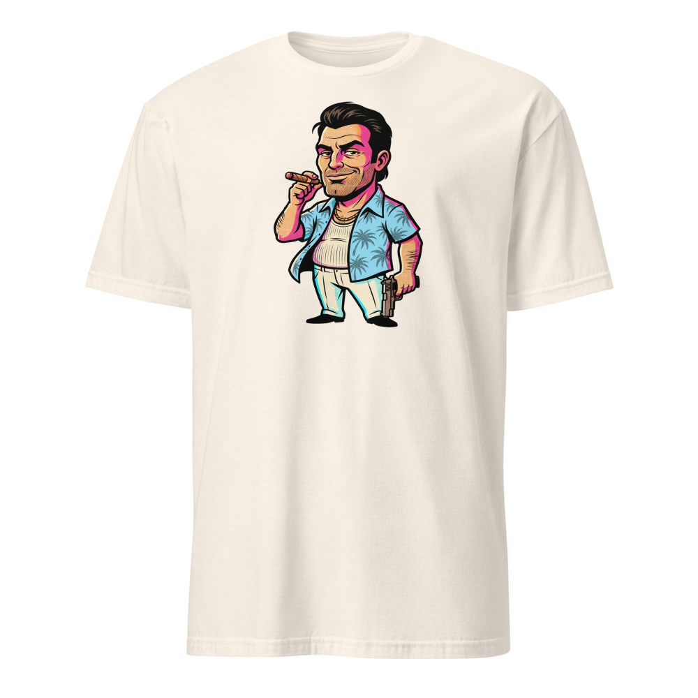 Tropical Mobster Halftone Pop Art Neon Miami Tee — natural front view