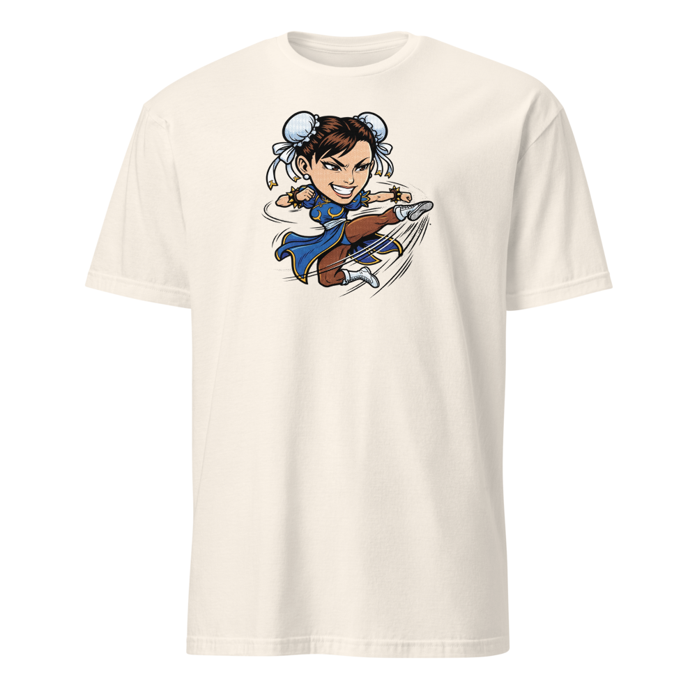 Arcade Fighter Spinning Kick Halftone Pop Art Tee — natural front view