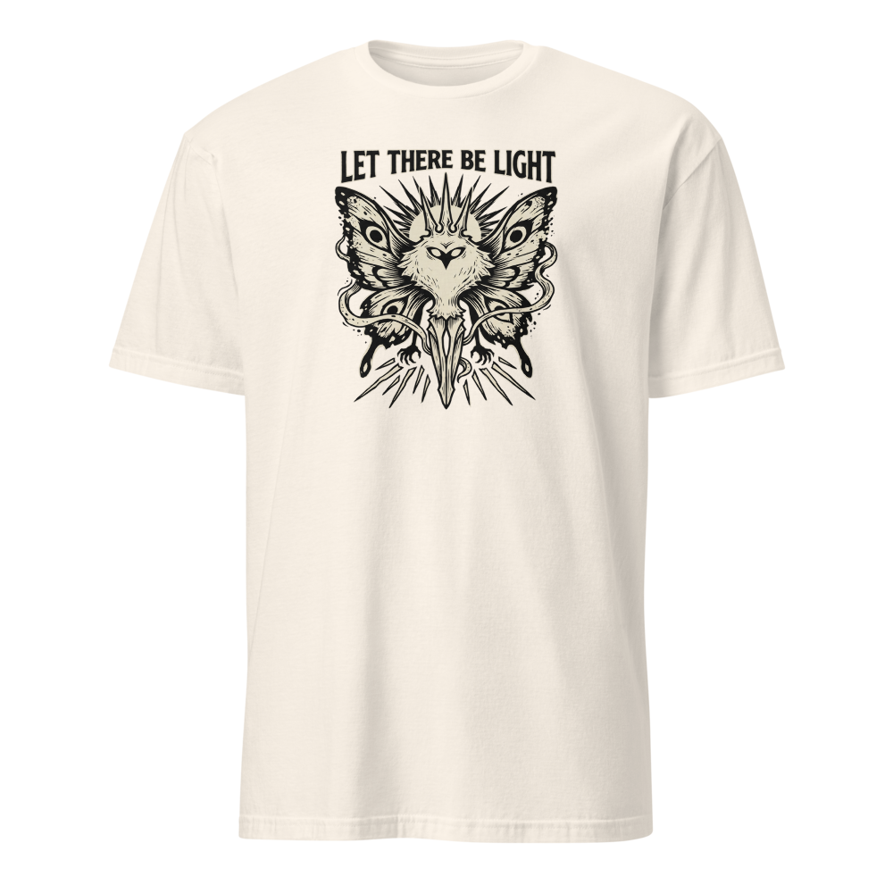 Moth Goddess Blackwork Linocut Let There Be Light Tee — natural front view