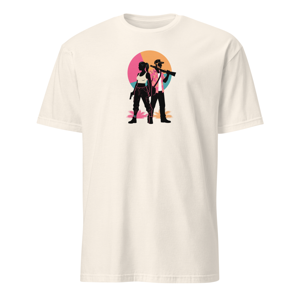 Outlaw Couple Neon Sunset Crime Duo Graphic Tee — natural front view